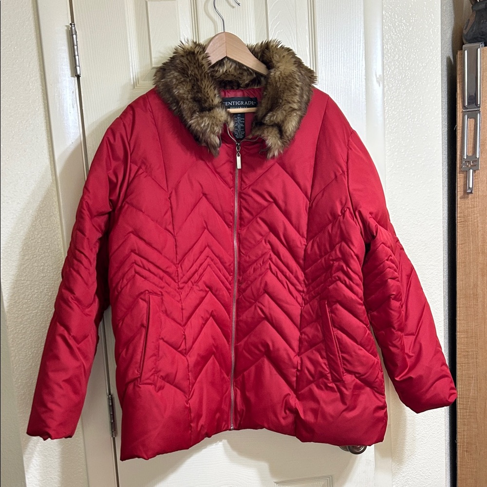 Centigrade Women's Red Puffer Jacket with Faux Fur Collar. Down/feather fill.